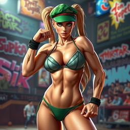 A dynamic portrayal of Cammy from Street Fighter, showcasing her in an elegant yet powerful pose, wearing a stylish bikini that highlights her muscular physique