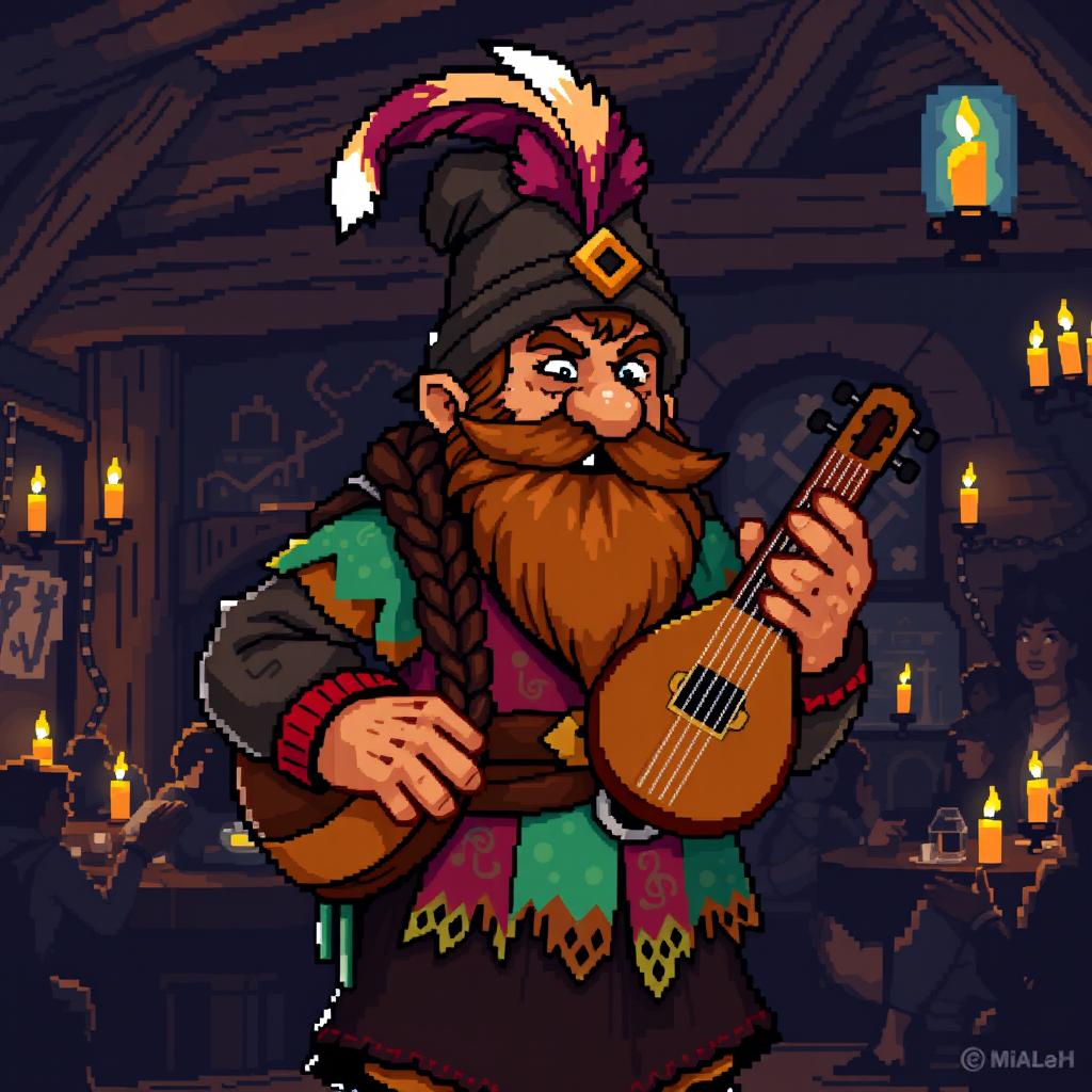 An engaging 8-bit pixel art representation of a dwarf bard in a dark fantasy Dungeons & Dragons environment