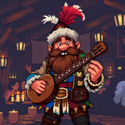 An engaging 8-bit pixel art representation of a dwarf bard in a dark fantasy Dungeons & Dragons environment