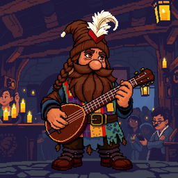 An engaging 8-bit pixel art representation of a dwarf bard in a dark fantasy Dungeons & Dragons environment