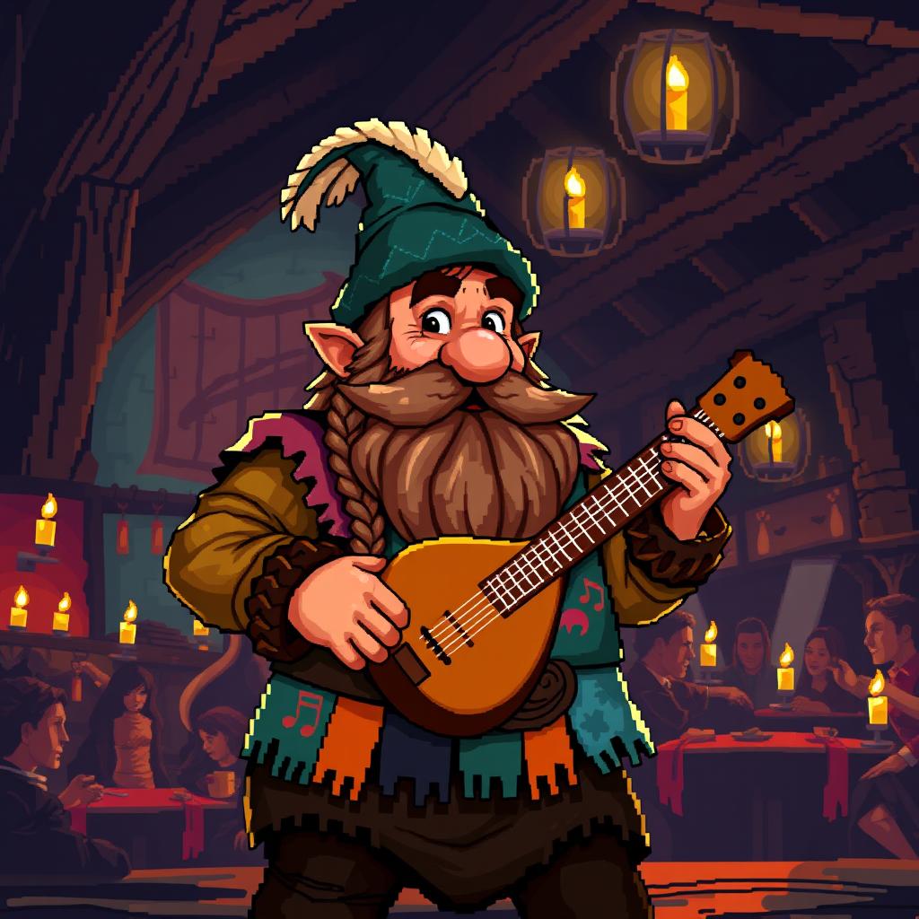 An engaging 8-bit pixel art representation of a dwarf bard in a dark fantasy Dungeons & Dragons environment