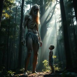 A surreal scene set in a dense, mystical forest where a tall, emaciated giant man with long flowing hair and prominent ribcage stands head and shoulders above a young man who appears skinny and inbred, wearing tattered cut-off shorts and is shirtless