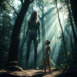 A surreal scene set in a dense, mystical forest where a tall, emaciated giant man with long flowing hair and prominent ribcage stands head and shoulders above a young man who appears skinny and inbred, wearing tattered cut-off shorts and is shirtless