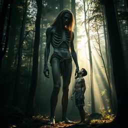 A surreal scene set in a dense, mystical forest where a tall, emaciated giant man with long flowing hair and prominent ribcage stands head and shoulders above a young man who appears skinny and inbred, wearing tattered cut-off shorts and is shirtless