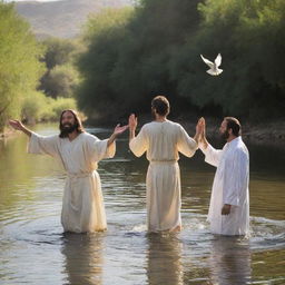 Depict Jesus Christ being baptized by John the Baptist in the Jordan river. The divine light shines upon them from the sky, and the Dove of the Holy Spirit hovers above, as bystanders watch this solemn and spiritual moment unfold.