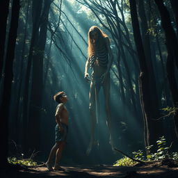 A surreal scene set in a dense, mystical forest where a tall, emaciated giant man with long flowing hair and prominent ribcage stands head and shoulders above a young man who appears skinny and inbred, wearing tattered cut-off shorts and is shirtless