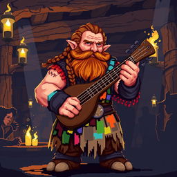 A captivating 8-bit pixel art illustration of a strong dwarf bard in a dark fantasy Dungeons & Dragons setting