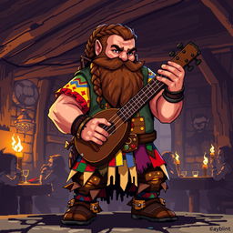 A captivating 8-bit pixel art illustration of a strong dwarf bard in a dark fantasy Dungeons & Dragons setting