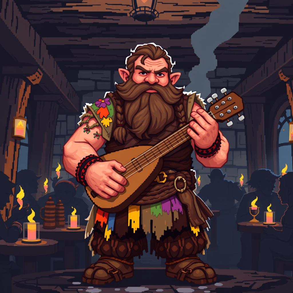 A captivating 8-bit pixel art illustration of a strong dwarf bard in a dark fantasy Dungeons & Dragons setting