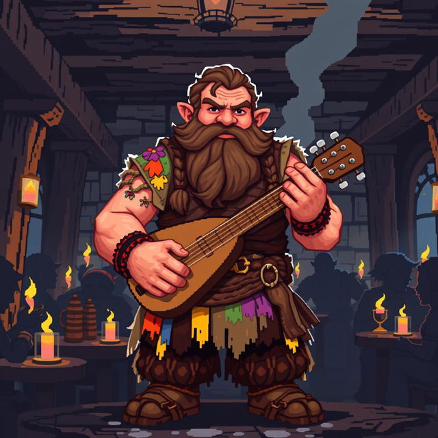 A captivating 8-bit pixel art illustration of a strong dwarf bard in a dark fantasy Dungeons & Dragons setting