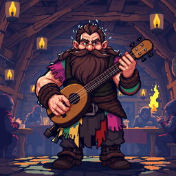 A captivating 8-bit pixel art illustration of a strong dwarf bard in a dark fantasy Dungeons & Dragons setting