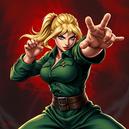 A dynamic and powerful depiction of Cammy from Street Fighter engaged in martial arts