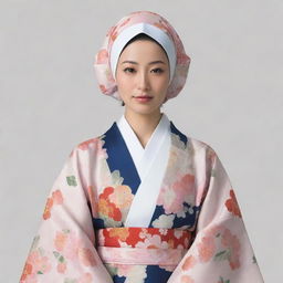 Illustration of a Japanese Muslim wearing a traditional kimono, respecting both cultural aesthetics in a harmonious blend