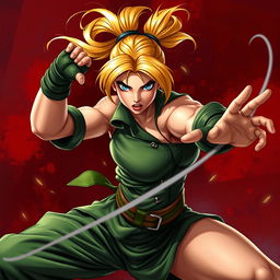 A dynamic and powerful depiction of Cammy from Street Fighter engaged in martial arts