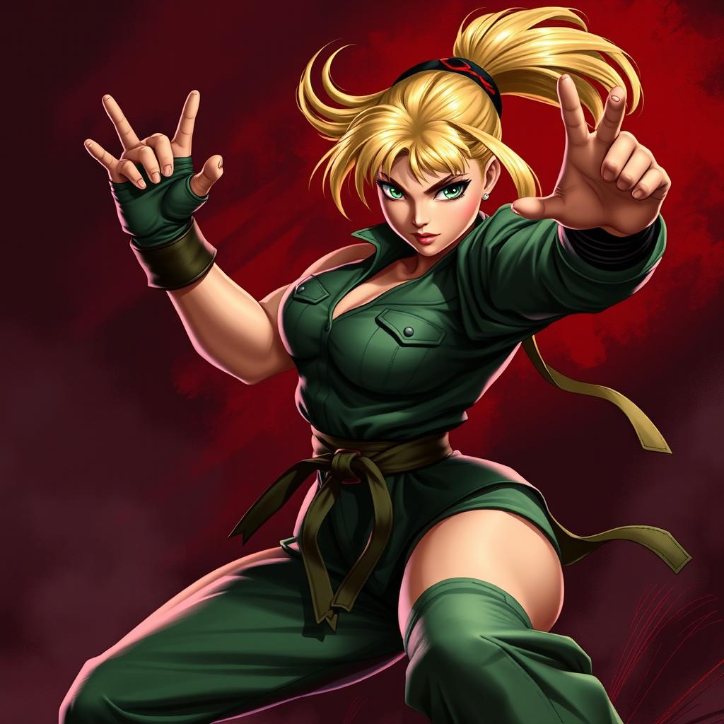 A dynamic and powerful depiction of Cammy from Street Fighter engaged in martial arts