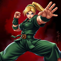 A dynamic and powerful depiction of Cammy from Street Fighter engaged in martial arts