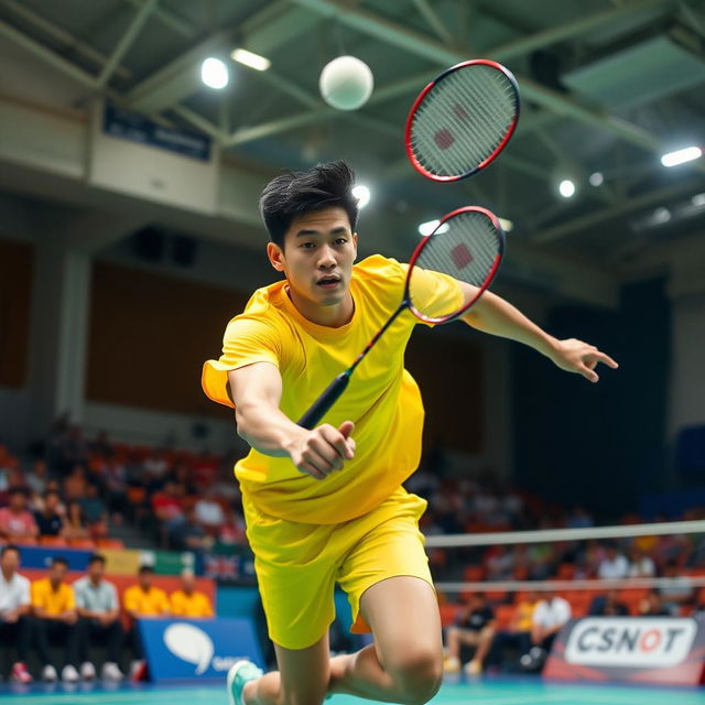 A dynamic badminton scene capturing a skilled player in mid-action, jumping to hit a shuttlecock with a powerful smash