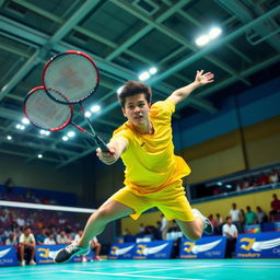 A dynamic badminton scene capturing a skilled player in mid-action, jumping to hit a shuttlecock with a powerful smash