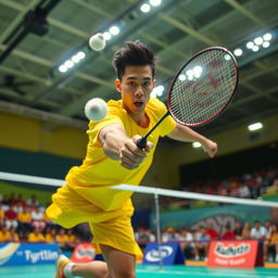 A dynamic badminton scene capturing a skilled player in mid-action, jumping to hit a shuttlecock with a powerful smash