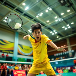 A dynamic badminton scene capturing a skilled player in mid-action, jumping to hit a shuttlecock with a powerful smash