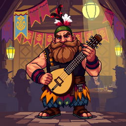 An enticing 8-bit pixel art illustration of a strong, charismatic dwarf bard in a dark fantasy Dungeons & Dragons setting