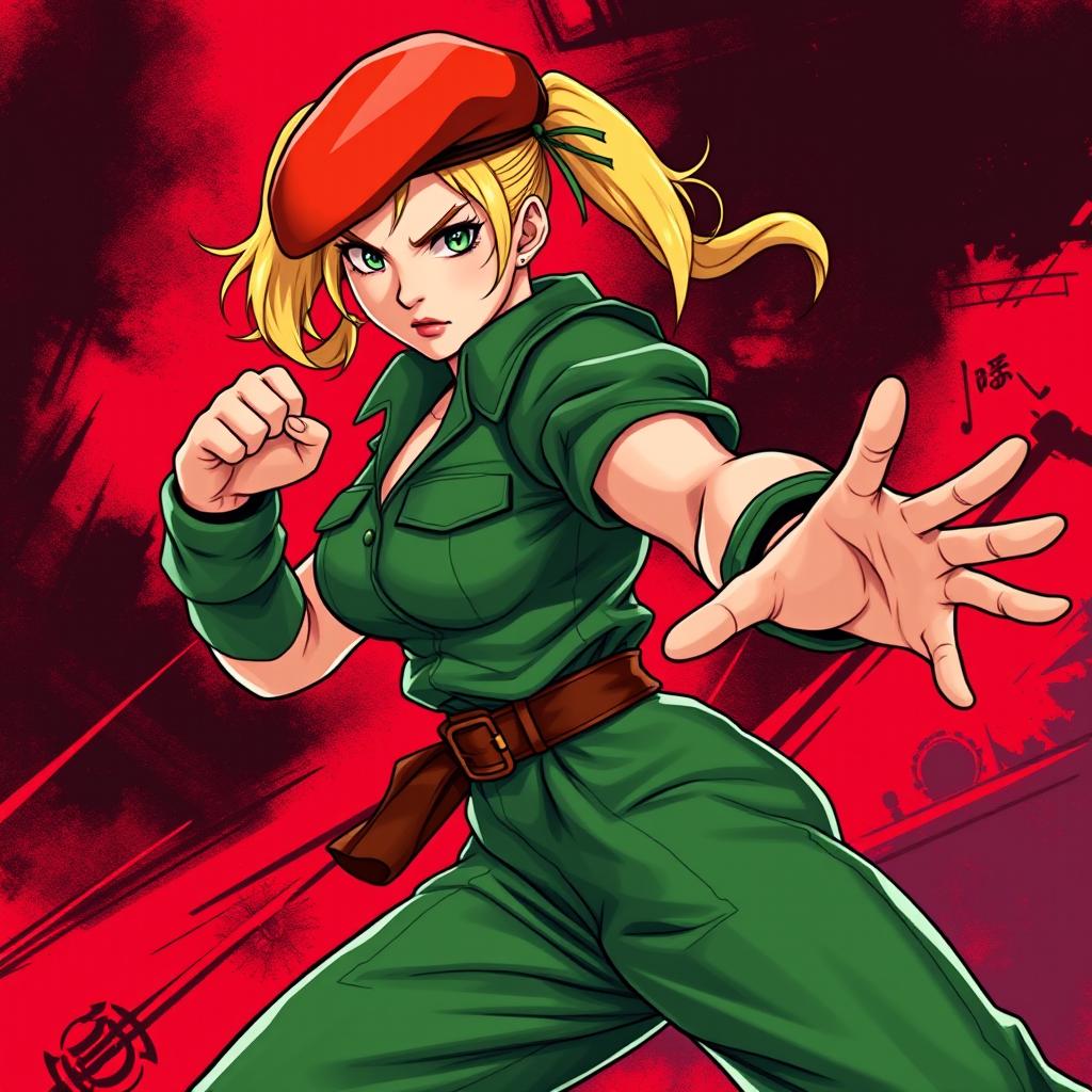 A striking and powerful illustration of Cammy from Street Fighter in a martial arts stance, showcasing her athleticism and combat skills