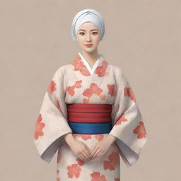 Illustration of a Japanese Muslim wearing a traditional kimono, respecting both cultural aesthetics in a harmonious blend