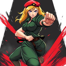 A striking and powerful illustration of Cammy from Street Fighter in a martial arts stance, showcasing her athleticism and combat skills