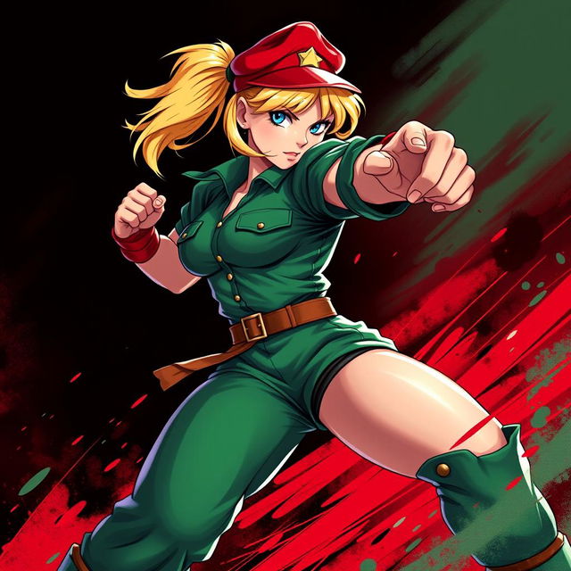 A striking and powerful illustration of Cammy from Street Fighter in a martial arts stance, showcasing her athleticism and combat skills