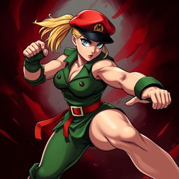 A striking and powerful illustration of Cammy from Street Fighter in a martial arts stance, showcasing her athleticism and combat skills