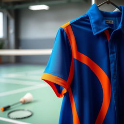 A close-up view of a stylish and modern badminton shirt hanging on a rack