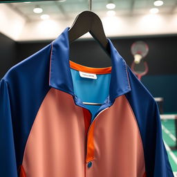 A close-up view of a stylish and modern badminton shirt hanging on a rack