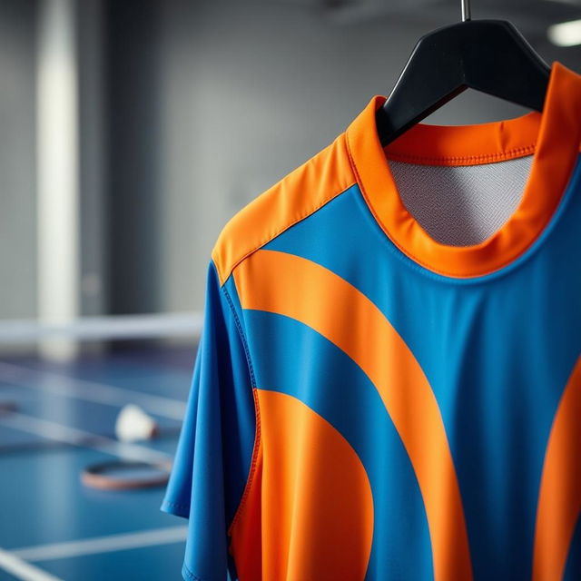 A close-up view of a stylish and modern badminton shirt hanging on a rack