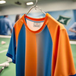 A close-up view of a stylish and modern badminton shirt hanging on a rack