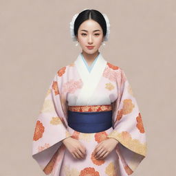 Illustration of a Japanese Muslim wearing a traditional kimono, respecting both cultural aesthetics in a harmonious blend