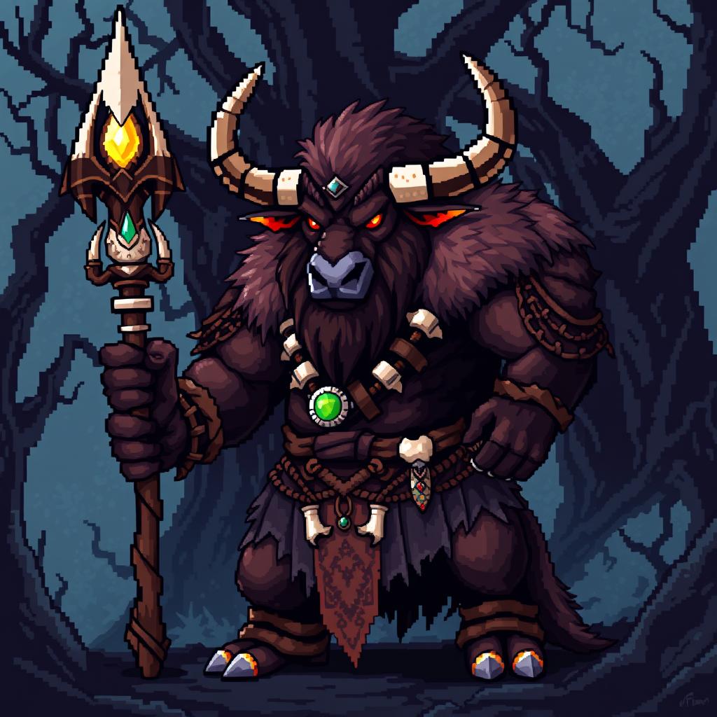 A striking 8-bit pixel art depiction of a minotaur shaman in a dark fantasy Dungeons & Dragons setting