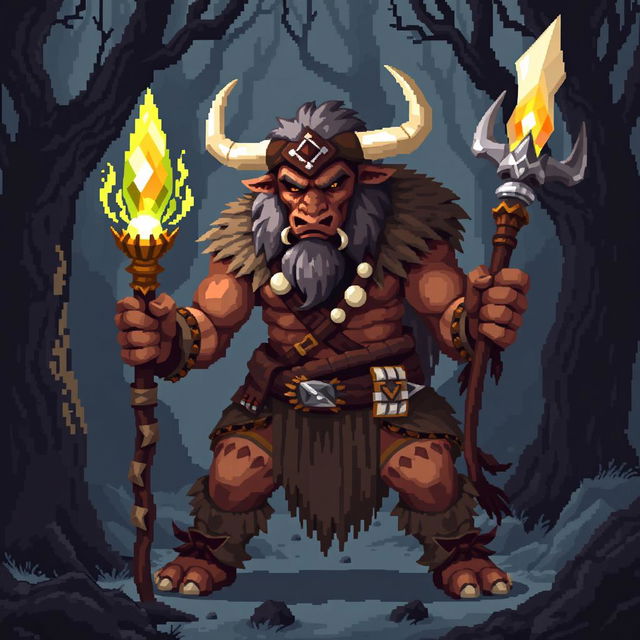 A striking 8-bit pixel art depiction of a minotaur shaman in a dark fantasy Dungeons & Dragons setting