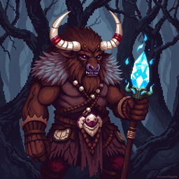 A striking 8-bit pixel art depiction of a minotaur shaman in a dark fantasy Dungeons & Dragons setting