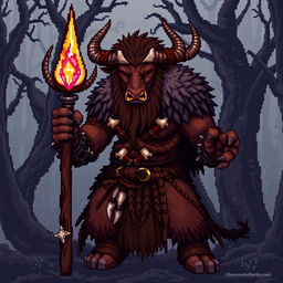 A striking 8-bit pixel art depiction of a minotaur shaman in a dark fantasy Dungeons & Dragons setting