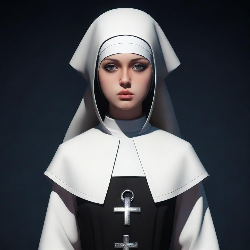 Sarvente from the video game Friday Night Funkin, standing in her usual attires. She has a melancholy face, her white nun habit contrasting beautifully with the dark, cool background.