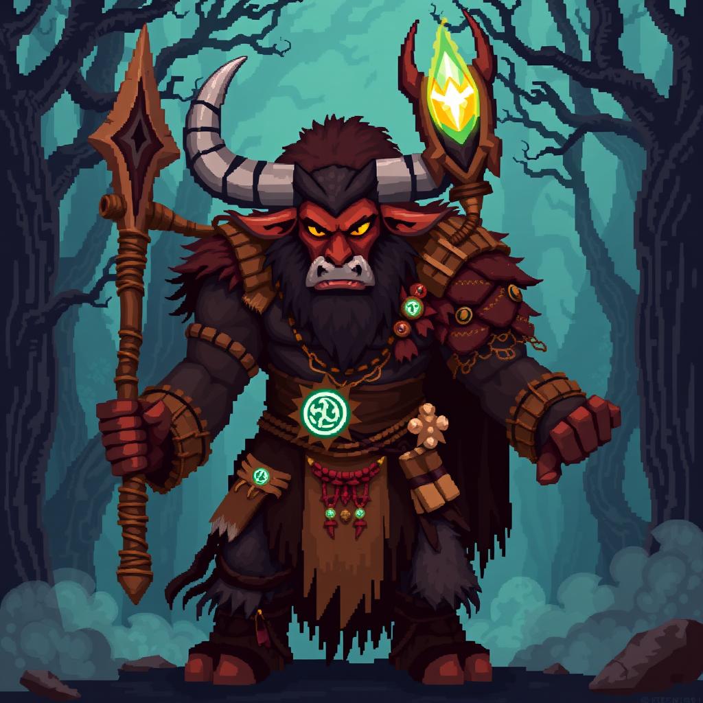 A vibrant 8-bit pixel art representation of a powerful minotaur shaman in a dark fantasy Dungeons & Dragons world