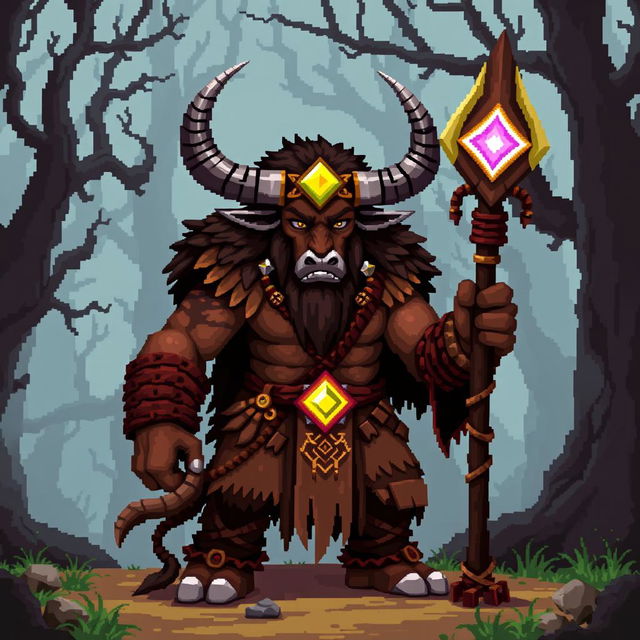 A vibrant 8-bit pixel art representation of a powerful minotaur shaman in a dark fantasy Dungeons & Dragons world