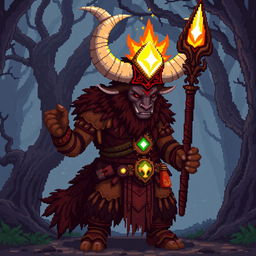 A vibrant 8-bit pixel art representation of a powerful minotaur shaman in a dark fantasy Dungeons & Dragons world