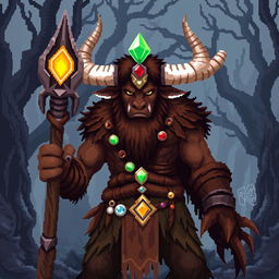 A vibrant 8-bit pixel art representation of a powerful minotaur shaman in a dark fantasy Dungeons & Dragons world