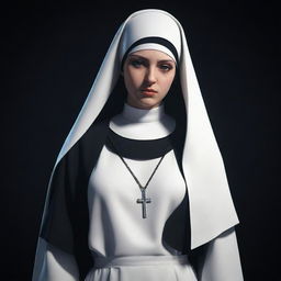 Sarvente from the video game Friday Night Funkin, standing in her usual attires. She has a melancholy face, her white nun habit contrasting beautifully with the dark, cool background.