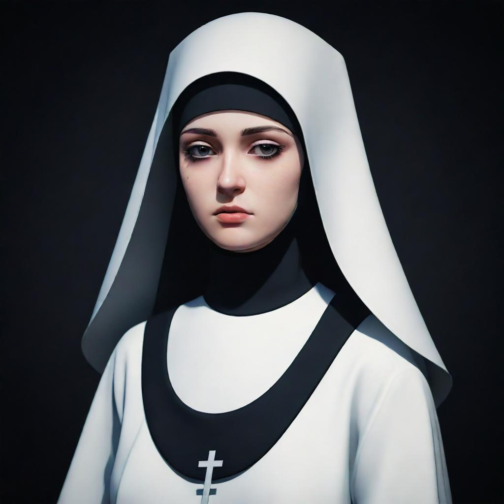 Sarvente from the video game Friday Night Funkin, standing in her usual attires. She has a melancholy face, her white nun habit contrasting beautifully with the dark, cool background.