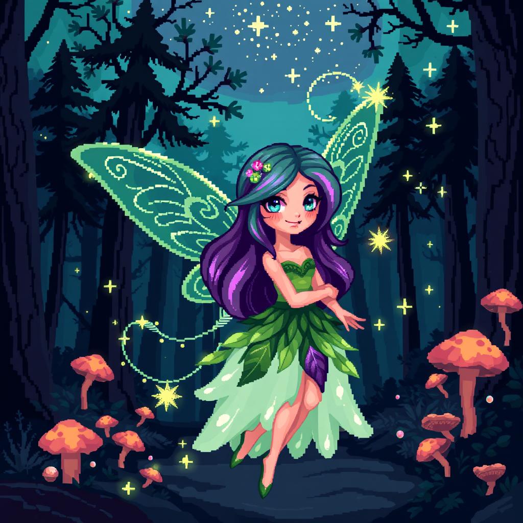 A whimsical 8-bit pixel art representation of a fairy set in a dark fantasy Dungeons & Dragons world