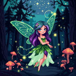 A whimsical 8-bit pixel art representation of a fairy set in a dark fantasy Dungeons & Dragons world