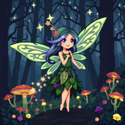 A whimsical 8-bit pixel art representation of a fairy set in a dark fantasy Dungeons & Dragons world