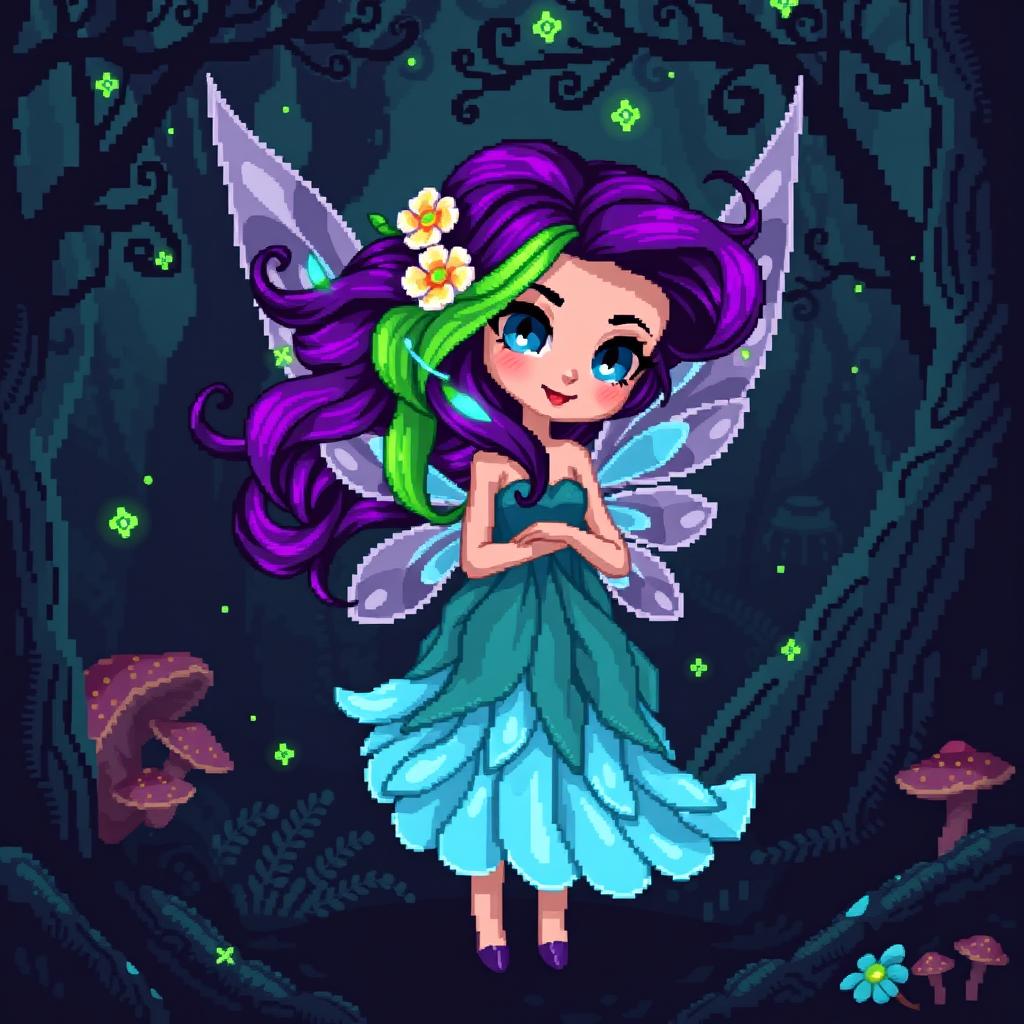 A captivating 8-bit pixel art representation of a fairy without wings set in a dark fantasy Dungeons & Dragons world